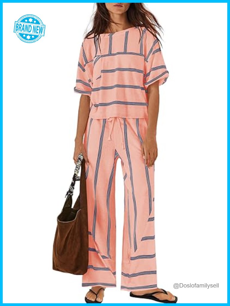 Striped Lounge Set 2 Piece Vacation Short Sleeve Top Wide Leg Pants With Pockets